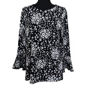 Michael Kors Silky Knit Blouse Floral Long Bell Sleeves Black White Size Medium